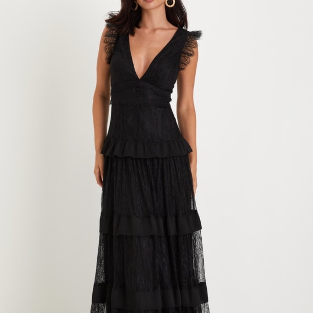 Lulus Marvelous Darling Black Lace Ruffled Tiered Maxi Dress - Size L